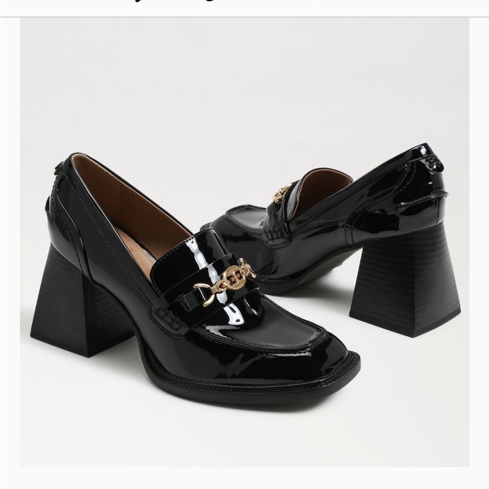 Sam Edelman Black Patent Chunky Heel Loafers with Gold Chain